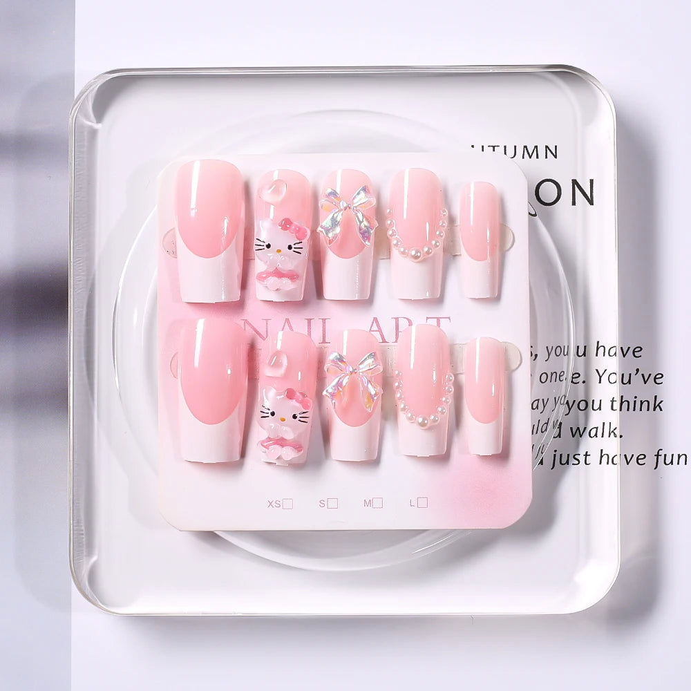 Pink French Fake Nails 3D Pink Hello Kitty, Aurora Bow, Pearl Design False Nail Medium Coffin Shaped Full Cover Press On Nails Good Vibrations
