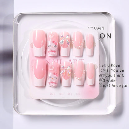 Pink French Fake Nails 3D Pink Hello Kitty, Aurora Bow, Pearl Design False Nail Medium Coffin Shaped Full Cover Press On Nails Good Vibrations