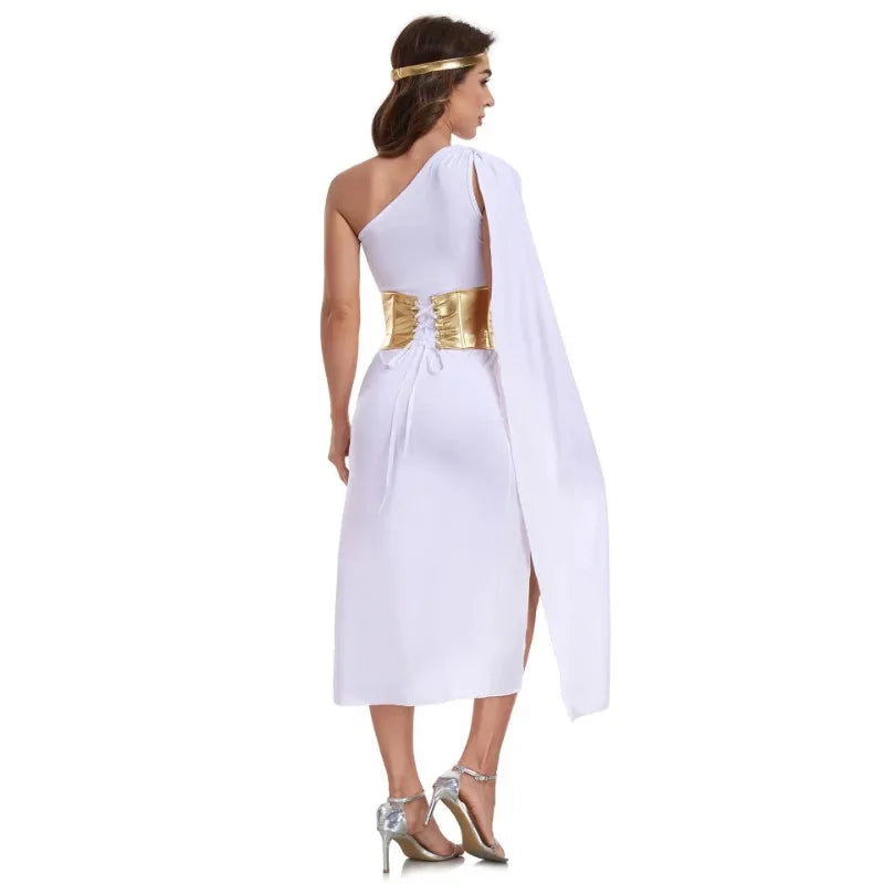 Halloween Women Adult Carnival Festival Ancient Greek Myth Cosplay Costume Princess  Performese Stage Dress Up White Dress Good Vibrations