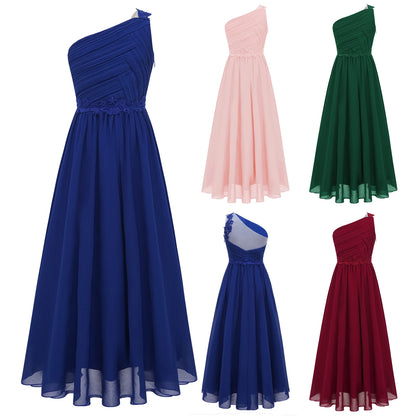Girls Wedding Bridesmaid Dress One Shoulder Elegant Guipure Lace Ruched Chiffon Maxi Party Dresses Birthday Evening Prom Gown Good Vibrations