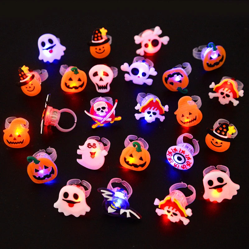 5-30Pcs LED Luminous Halloween Rings Glow In Dark Pumpkin Ghost Skull Finger Rings Jewelry For Kids Halloween Party Favors Gifts Good Vibrations