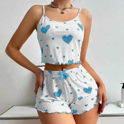 Women's Pajamas Set Sleepwear 2 PCS Short Tank Tops And Shorts S M L White Ventilate Soft Casual Love Printing Good Vibrations