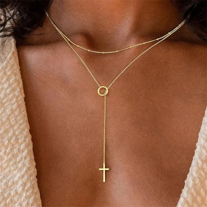 Simple Elegant Cross Bow Necklace for Women Attractive Motifs Golden Alloy Layered Necklace Party Jewellery Accessories Good Vibrations