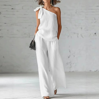 Women's 2 Piece Set 2026 Summer Sexy One Shoulder Tie Knot Top And Wide Leg Pants Suit Casual Loose Summer Beach Vacation Outfit Good Vibrations