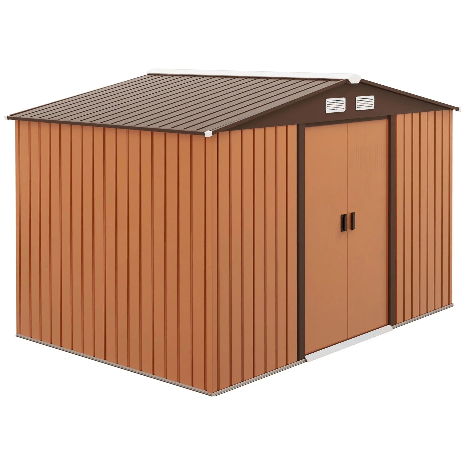 9' x 6' Metal Storage Shed Garden Tool House with Double Sliding Doors, 4 Air Vents for Backyard, Patio & Lawn, Brown Good Vibrations