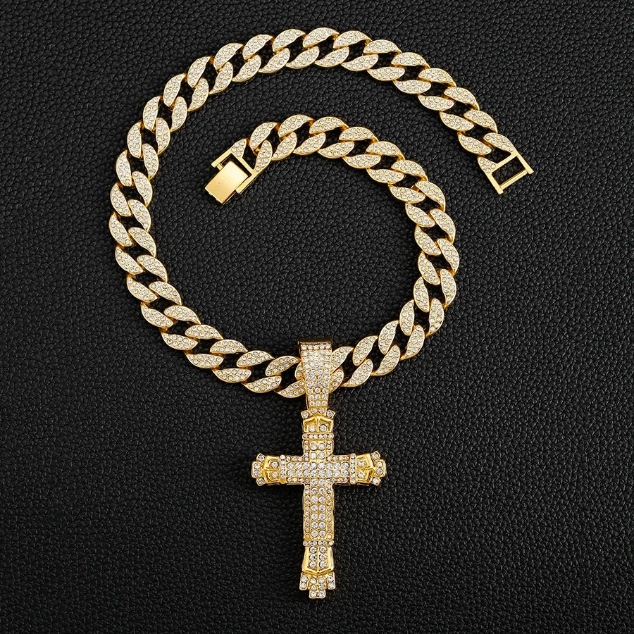 Cross Cross Pendant Necklace For Men Hip Hop Cuban Chain Bling Jewelry With Crystal Miami Cuban Chain fashion jewelry Good Vibrations