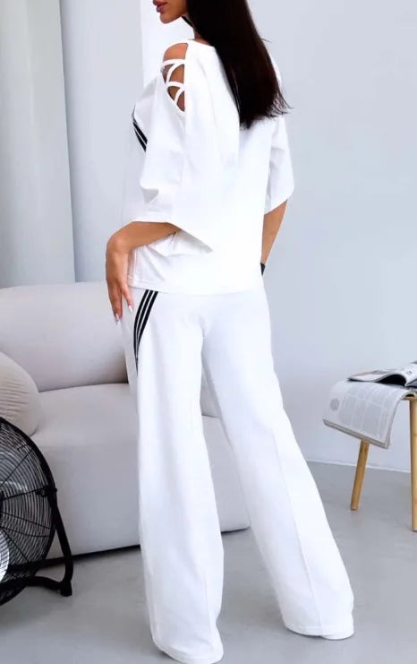 New Fashion Two-piece Women's White Sports Suit Sexy Off Shoulder Loose Sports Shirt+casual Pants Cotton Sportswear Women's Good Vibrations