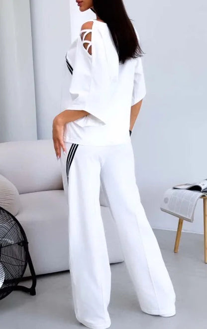 New Fashion Two-piece Women's White Sports Suit Sexy Off Shoulder Loose Sports Shirt+casual Pants Cotton Sportswear Women's Good Vibrations