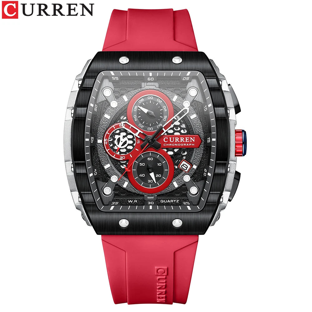 CURREN Sports Unique Rectangular Watches with Large Dial Casual Quartz Silicone Bands Wristwatches with Auto Date Good Vibrations