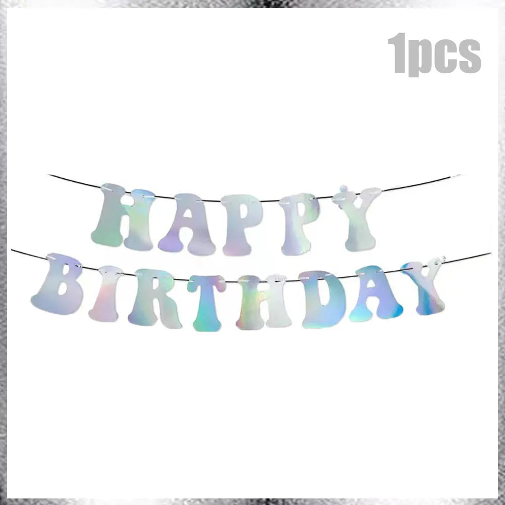 Birthday Party Decor Silver Paper Plates Banner Tablecloth Disposable Tableware Set Baby Shower Wedding Bachelor Party Supplies Good Vibrations