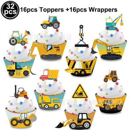 Construction Birthday Cake Decor Dump Truck Excavator Tractor Cupcake Toppers Kids Birthday Baby Shower Party Decors Supplies Good Vibrations