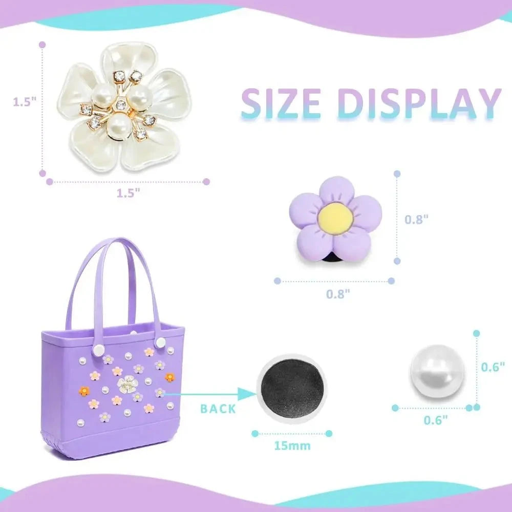 24Pcs Flowers and Pearls Charms for Bogg Bag Compatible with Women Rubber Beach Bag Tote Handbag Decoration Good Vibrations