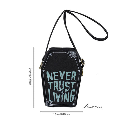 Gothic Shoulder Bag Women PU Leather Coffin Shape Handbag Adjustable Strap Hobo Bag Phone Bag for Halloween Cosplay Good Vibrations