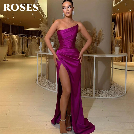ROSES Purple Elegant Prom Gown Asymmetric Sleeveless Prom Dress for Woman Satin Side Split Mermaid Evening Dresses Customized Good Vibrations