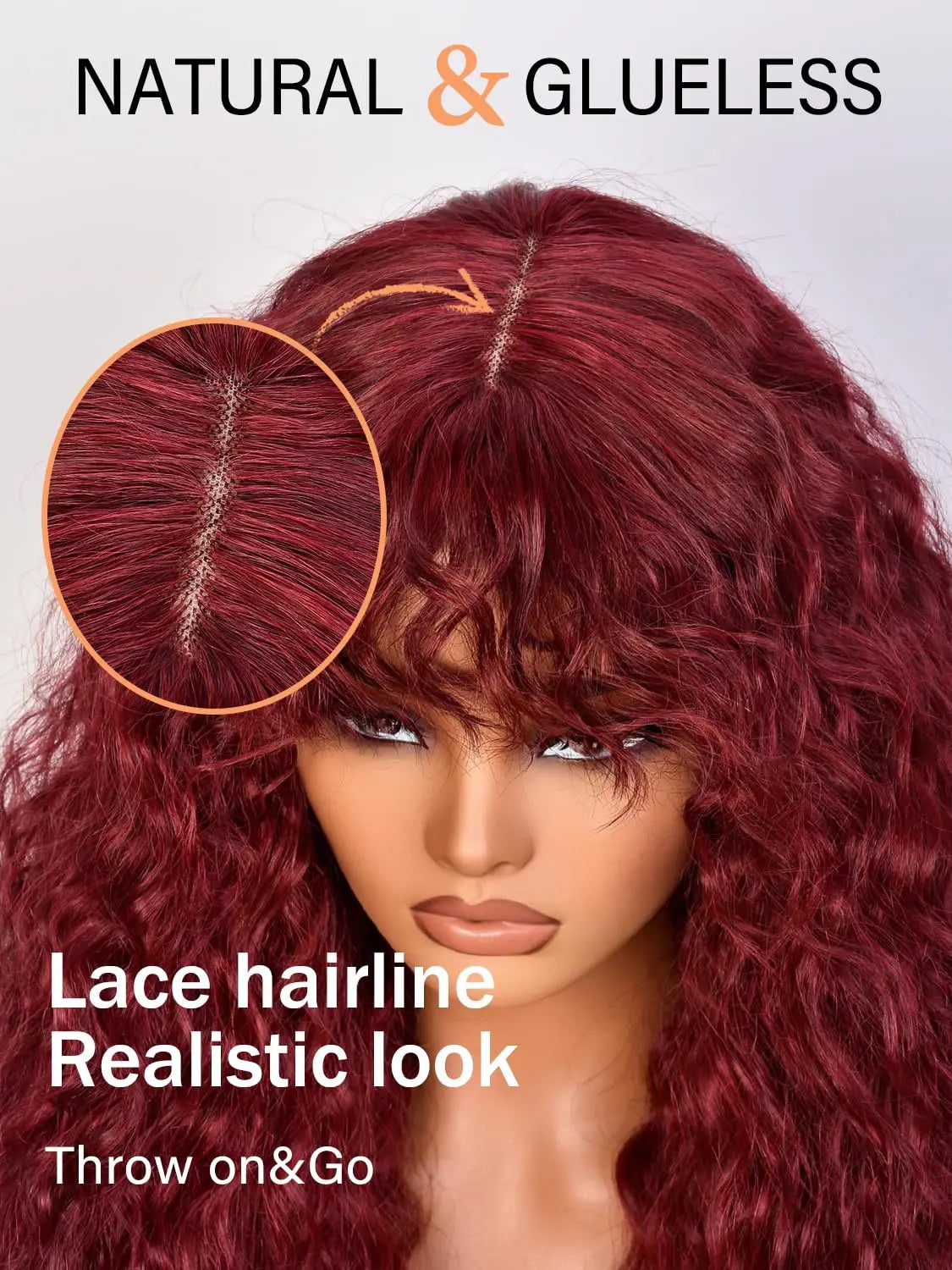 Glueless 200% Density 99J Burgundy Full Machine Made Deep Wave Wig with Bangs Water Wave Red Curly Human Hair Wigs Wear and Go Good Vibrations