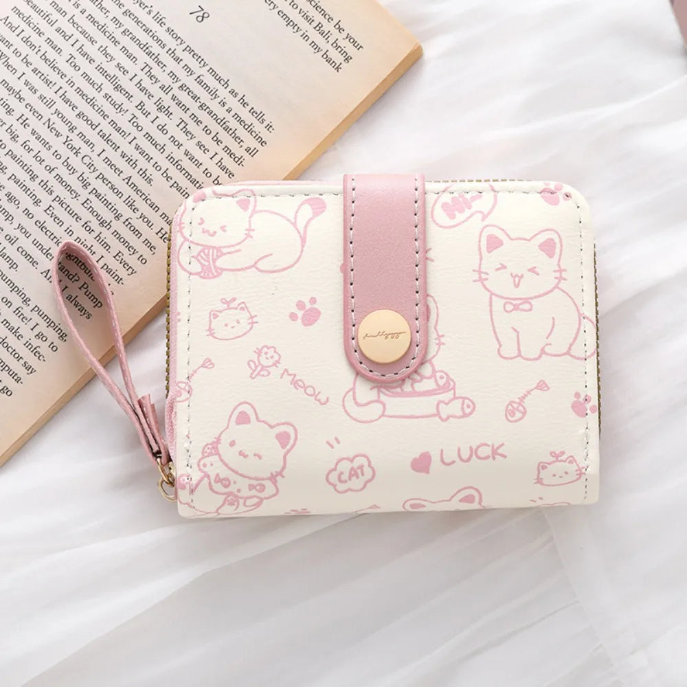 Cute Cat Coin Purse Women Fashion Short Wallet PU Leather Large Capacity Wallet Lightweight ID Card Holder Travel Cash Coin Bag Good Vibrations