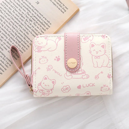 Cute Cat Coin Purse Women Fashion Short Wallet PU Leather Large Capacity Wallet Lightweight ID Card Holder Travel Cash Coin Bag Good Vibrations