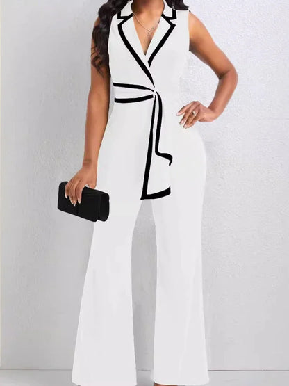 Women's Overalls Outfits Full Length New Fashion 2025 Summer V Neck Elegant Sleeveless Office Lady Jumpsuit Wide Leg Pants Good Vibrations