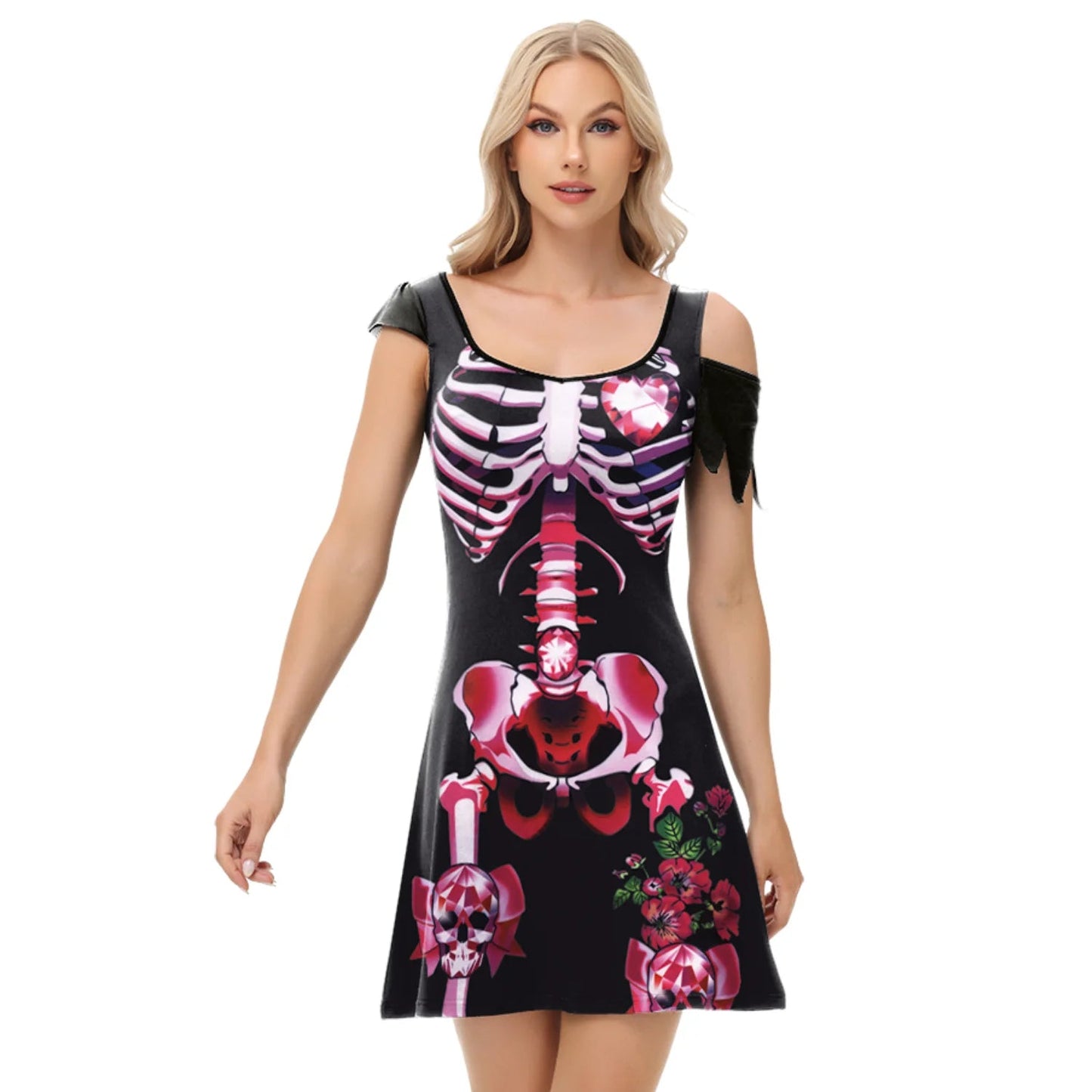 Funny Pink Skeleton Dress Halloween Ghost Cospaly Costume Women Dress Day of The Dead Robe Skull Dress Carnival Party Outfit Good Vibrations
