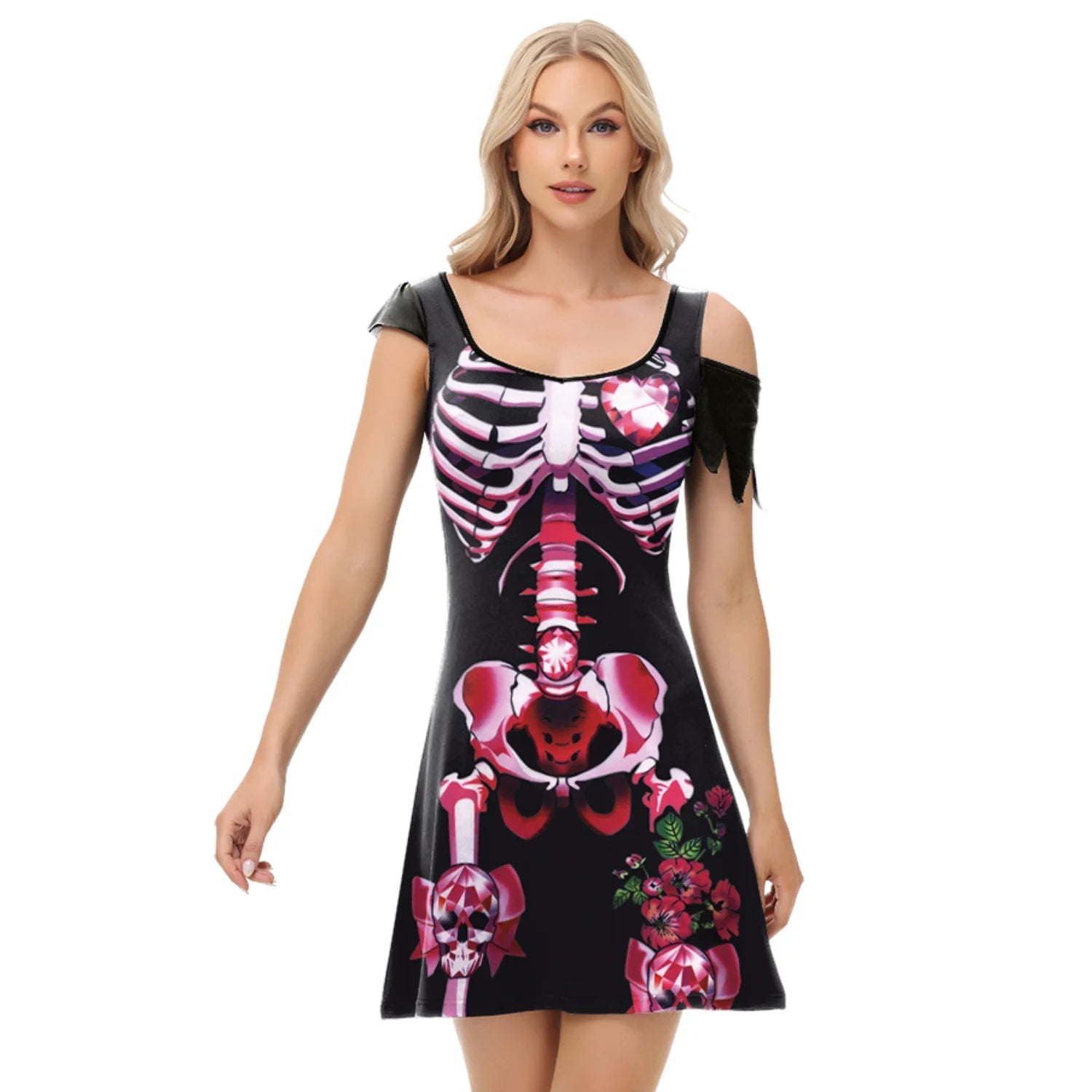 Funny Pink Skeleton Dress Halloween Ghost Cospaly Costume Women Dress Day of The Dead Robe Skull Dress Carnival Party Outfit Good Vibrations