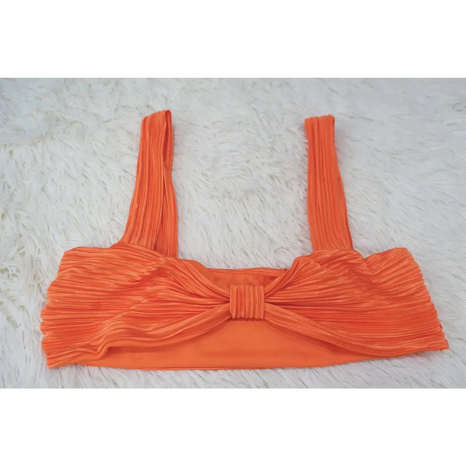 Orange pleated halter top for women's two-piece summer streetwear.