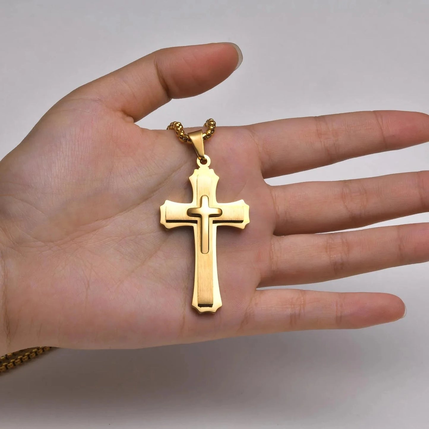 3D Cross Pendant Necklaces for Men Boys,Black Gold Color Stainless Steel Cross Necklace,Hiphop Punk Party Gift Good Vibrations