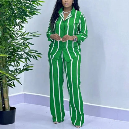 African Fashion Stripe Two Piece Set Women Spring Autumn Casual Button Long Sleeved Shirt Wide Leg Pants Two Piece Set Women Good Vibrations