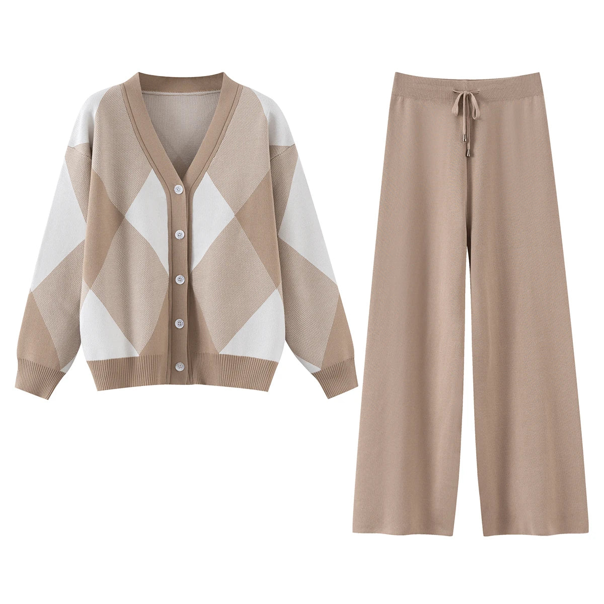 GIGOGOU CHIC Wide Leg Pants Spring Autumn Women Cardigan Set Fashion Knit Outwear 2piece Sweater Tracksuit Good Vibrations