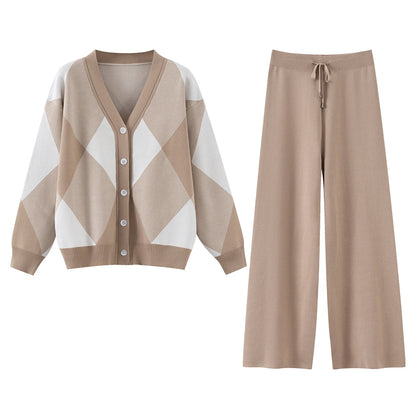 GIGOGOU CHIC Wide Leg Pants Spring Autumn Women Cardigan Set Fashion Knit Outwear 2piece Sweater Tracksuit Good Vibrations