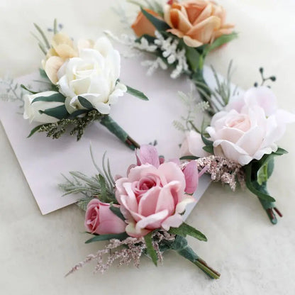 Boutonnieres Flowers Artificial White Roses Silk Ivory Corsage Buttonhole Groomsmen Boutonniere for Men Wedding Accessories Good Vibrations