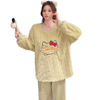Thickened Cute Cartoon Sleepwear Set for Women Warm Home Clothes plus Size Long Sleeve round Neck Comfortable Polyester Fiber Good Vibrations