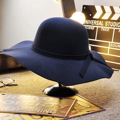 British Style Felt Hats for Women, Big BrimTop Hat, Flat Brim, White Cap for Lady, Autumn and Winter Good Vibrations