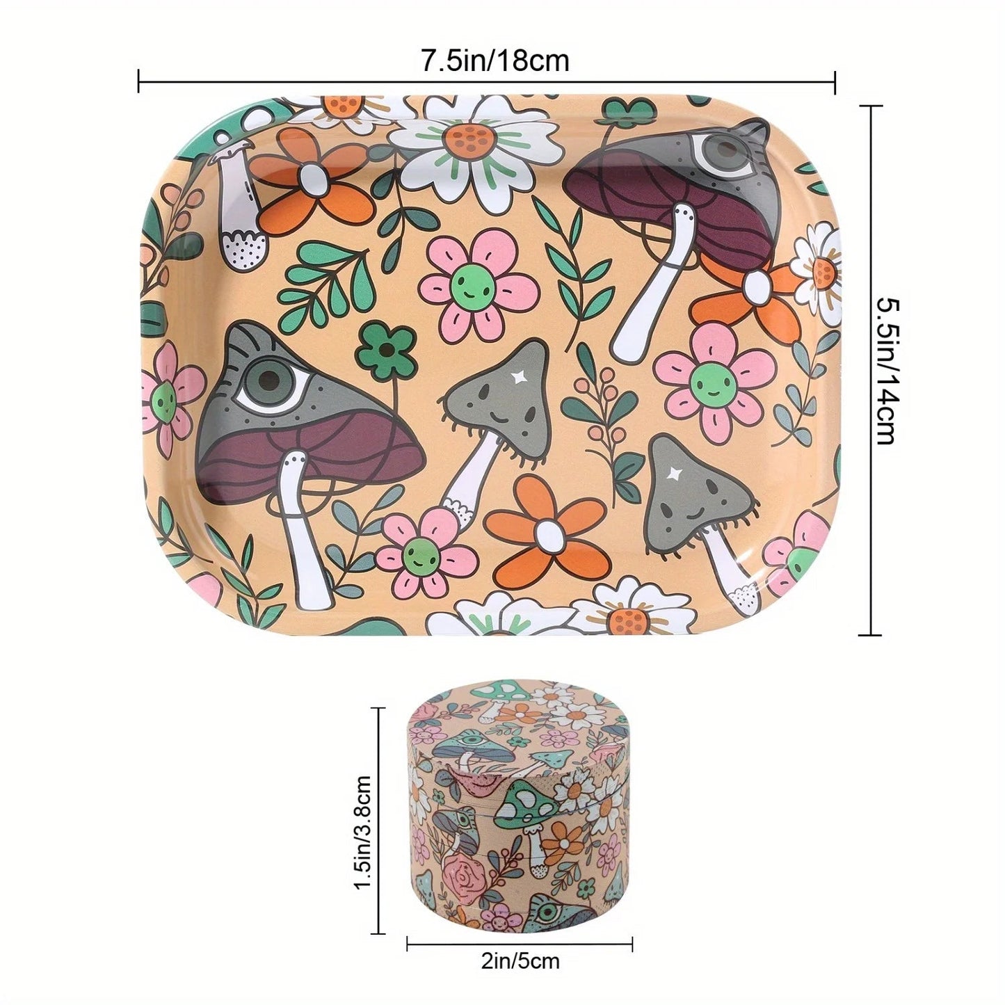 2 Pieces Kitten Bear Floral Mushrooms The Magic World Grinder and Rolling Tray Combo Good Vibrations Adult Super Store
