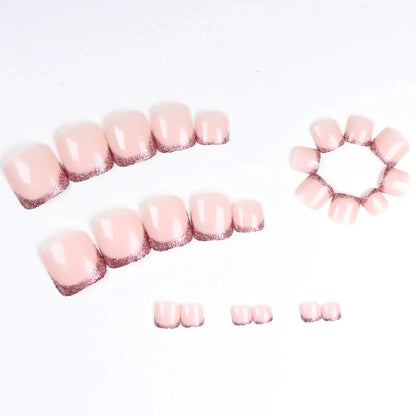24pcs French Fake Toenails Pink Gradient Full Cover Short Square Toe Nails Foot Nails Tips for Women Girls Good Vibrations