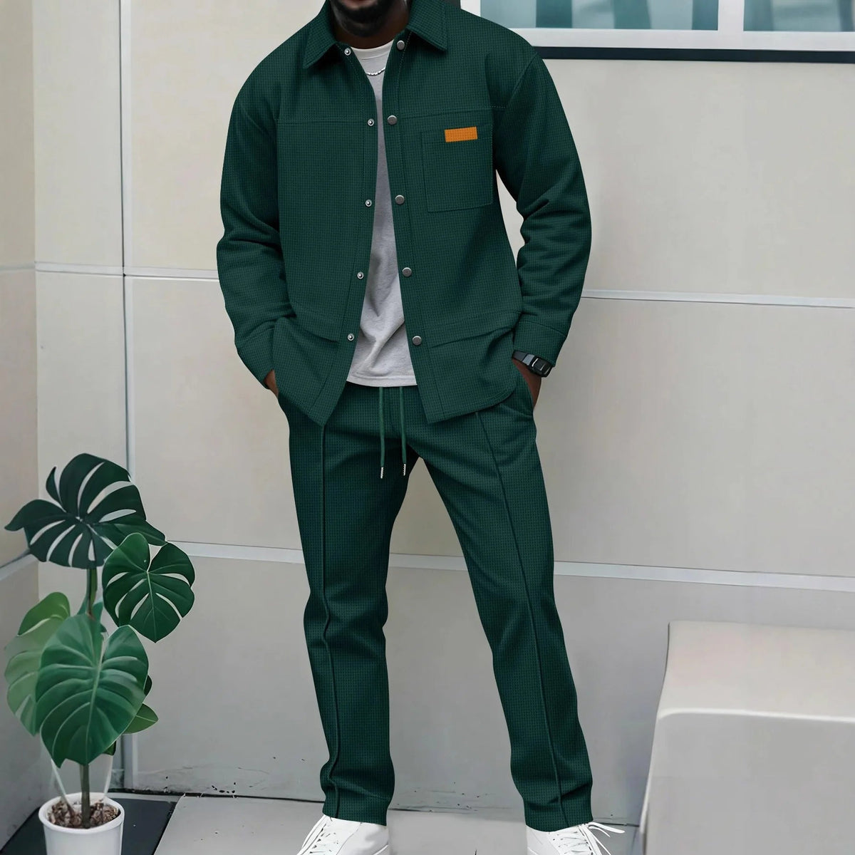 Spring and Autumn Men's High-Quality Waffle Pure Color Placket Pocket Jacket Set - A Stylish and Casual Two-Piece Outfit Good Vibrations