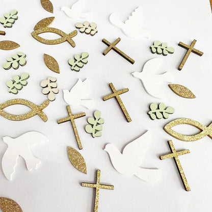 Religious Party Decor Set First Communion Baptism Hanging Swirls & Wooden Confetti Cross Dove Star for Christian Party Supplies Good Vibrations