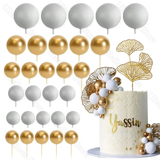 31Pcs White Gold Balls Cake Toppers Golden Ginkgo Leaves Metal Gold Balls Cake Toppers for Wedding Birthday Cake Decorations Good Vibrations