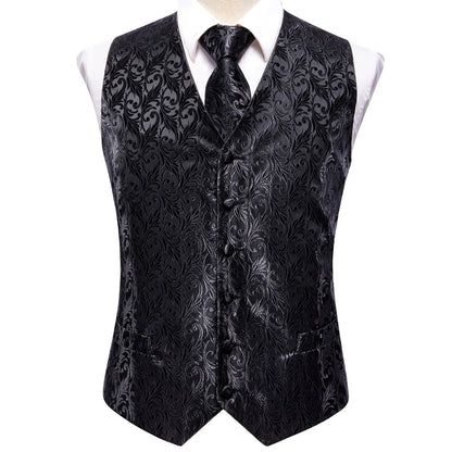 Hi-Tie Black Men Silk Vest Paisley Jacquard Necktie Hankerchief Cufflinks Sets Male Sleeveless V-Neck Waistcoat Business Formal Good Vibrations