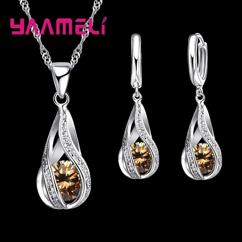 Hot Water Drop CZ 925 Sterling Silver Plated Jewelry Set For Women Pendant Necklace Hoop Earrings Wedding Party Ceremoey Anel Good Vibrations