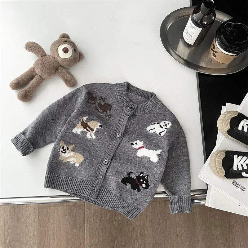 Children's Round Neck Sweaters Autumn New Dog Pattern Baby Clothings Japanese and Korean Grey Knitted Sweaters Cute Top Cardigan Good Vibrations
