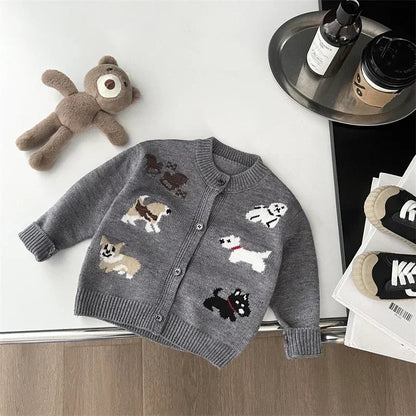 Children's Round Neck Sweaters Autumn New Dog Pattern Baby Clothings Japanese and Korean Grey Knitted Sweaters Cute Top Cardigan Good Vibrations