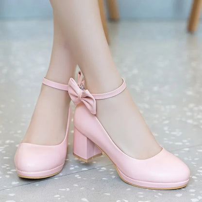 2025 NEW High Heel Shoes Women Platform Pumps Fashion Bow Thick Heel Shallow Female High Heels For Party Wedding 30-43 Good Vibrations