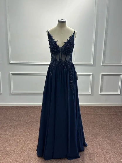 Spaghetti Straps Navy Blue A Line Evening Dresses 2025 Elegant Beaded Appliques Illusion Prom Gowns Formal Party Vestido De Gala Good Vibrations