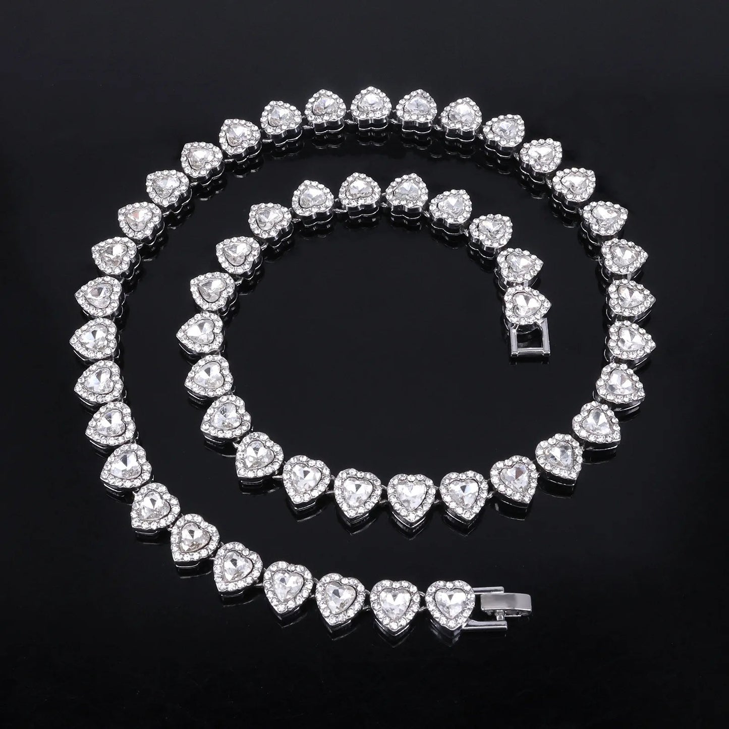 ZAKOL 45CM New Hip Hop Tennis Chain Bracelet Necklace Shiny Heart Rhinestone CZ Fashion Rock Party Jewelry Set Good Vibrations Adult Super Store