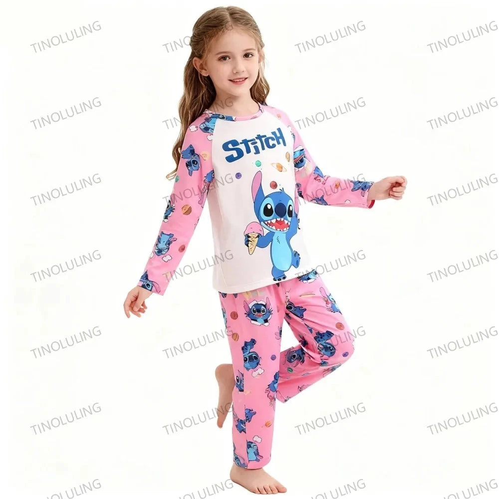 Children's Cartoon Stitch Pajamas Sets Boys Pijamas Girls Mickey Hello Kitty Sleepwear Comfortable Long Sleeve Nightwear Pjs Good Vibrations