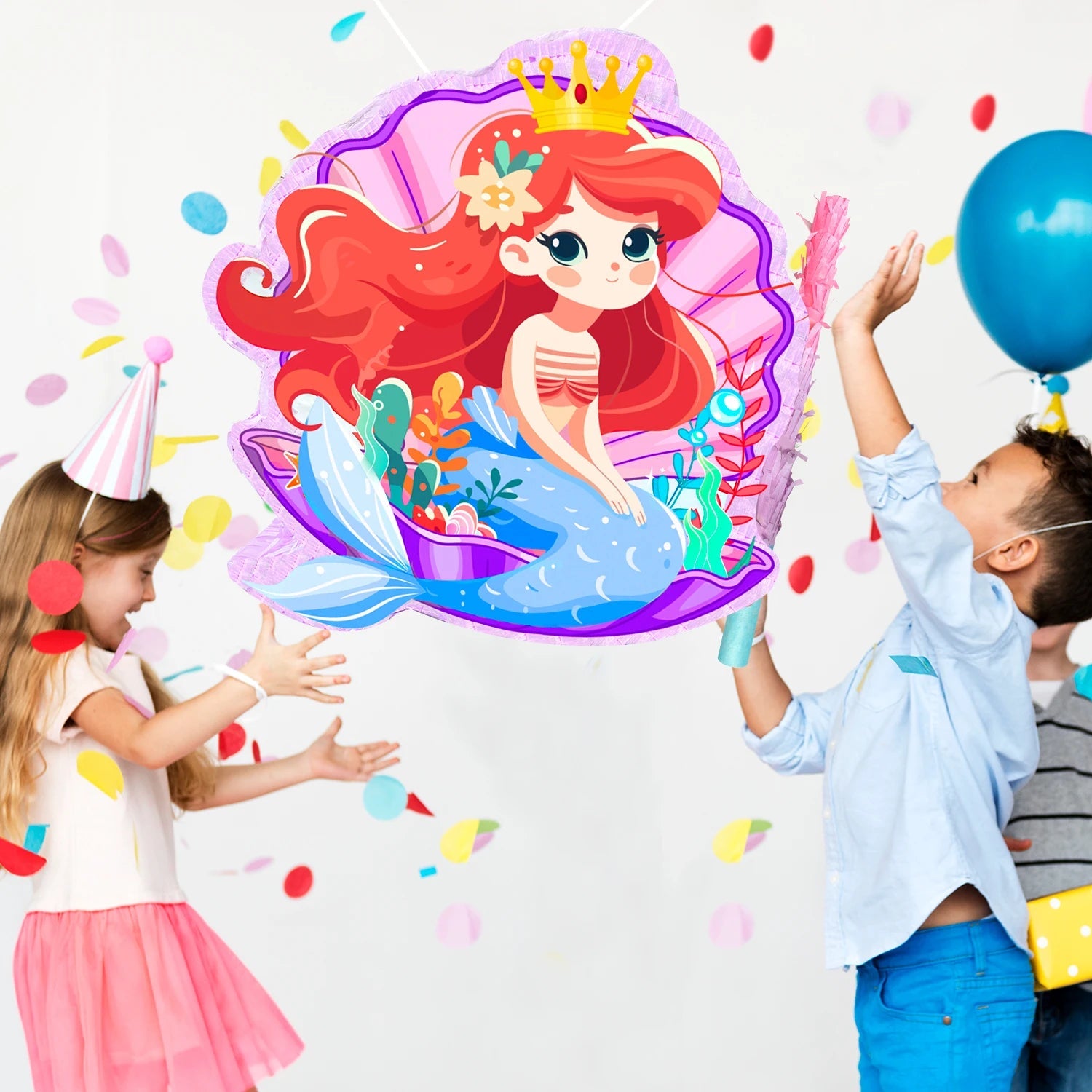 Mermaid Piñata,13.6'' Mermaid Party Pinata Set-Mermaid Piñata Large Blindfold Stick etc Mermaid Birthday Party Supplies for Kids Good Vibrations