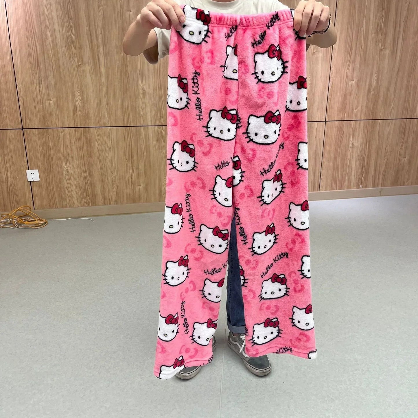 Sanrio Cartoon Hello Kitty Flannel Pajamas Black Women's Warm Woolen Cartoon Casual Home Pants In Autumn Winter Fashion Trousers Good Vibrations