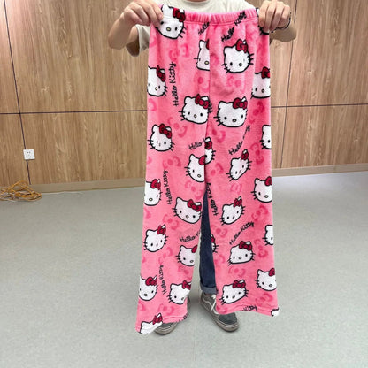 Sanrio Cartoon Hello Kitty Flannel Pajamas Black Women's Warm Woolen Cartoon Casual Home Pants In Autumn Winter Fashion Trousers Good Vibrations