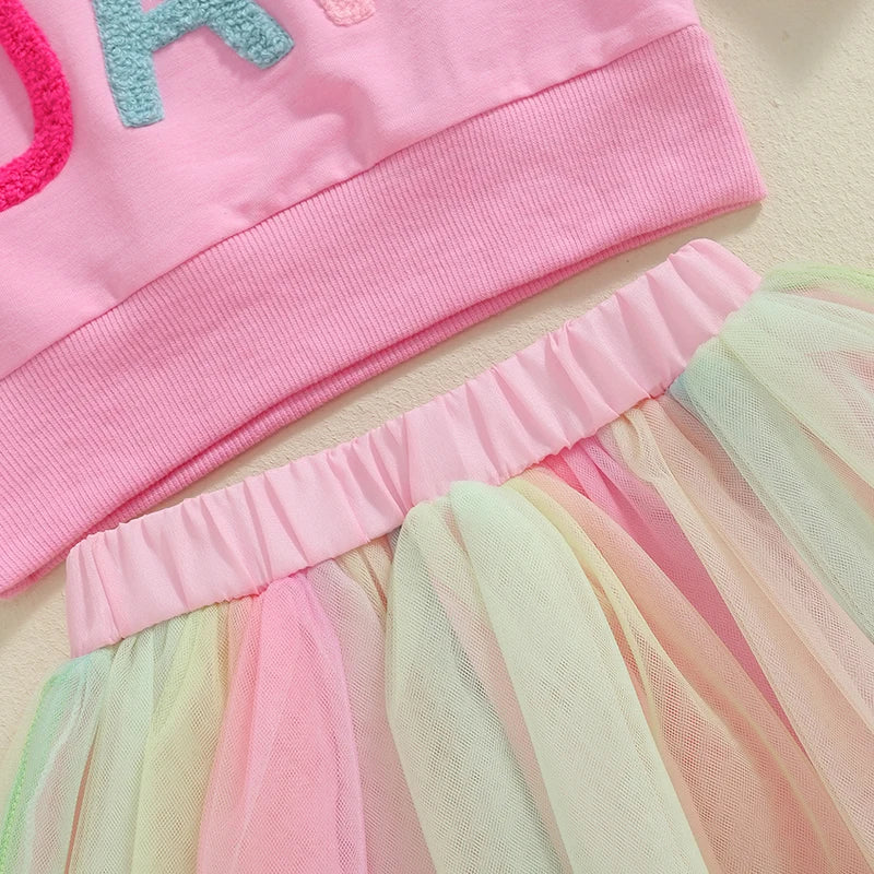 Toddler Birthday Clothes Baby Girl Tutu Skirt Outfit Letter Print Sweathsirt Rainbow Tulle Skirt Fall Winter Sets Good Vibrations