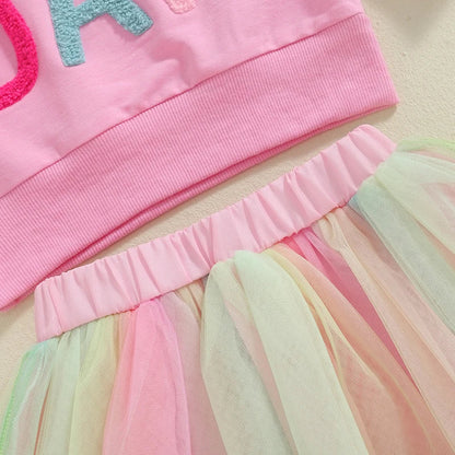 Toddler Birthday Clothes Baby Girl Tutu Skirt Outfit Letter Print Sweathsirt Rainbow Tulle Skirt Fall Winter Sets Good Vibrations